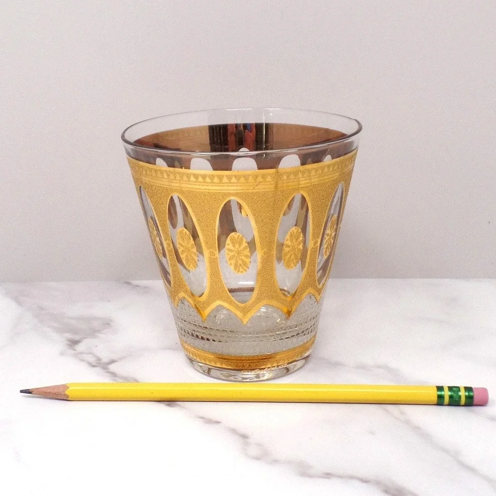 Vintage Culver Imperial Gold Regency White Double Old Fashioned / Lowball Glass